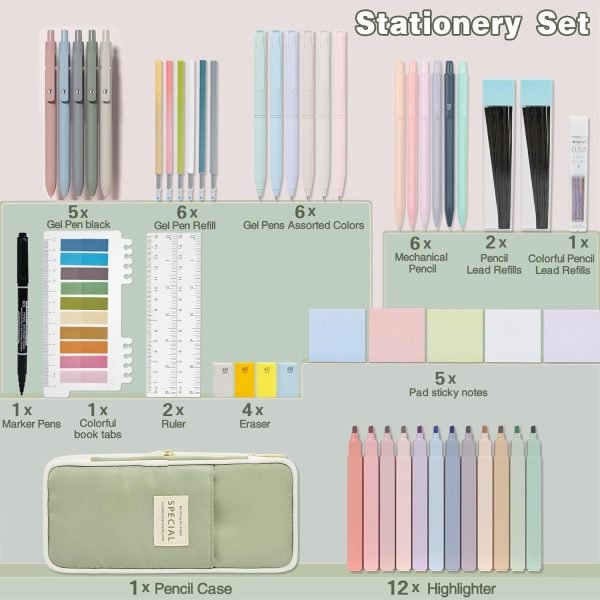 wholesale 52 pcs aesthetic school supplies with highlighters, mechanical pencils, color ink gel pens, pencil case, bible study supplies, pens pencils and highlighters set, stationary set for student free samples