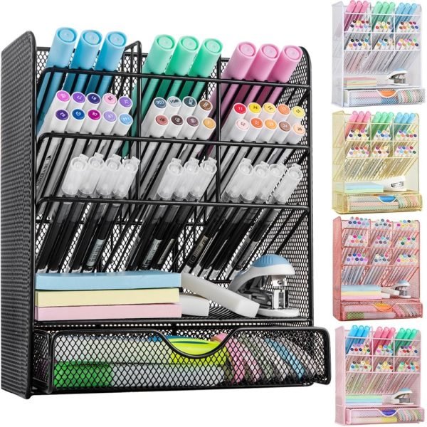 wholesale spacrea metal pen organizer, pencil holder for desk, desk organizer with drawer for school, home, art supplies (black) free samples