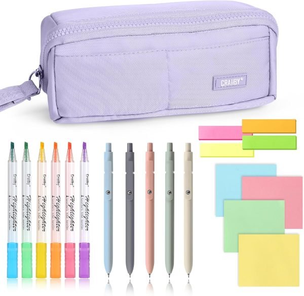 wholesale pencil case with supplies, purple pencil pouch bag with assorted colors highlighters gel pens sticky notes tabs, aesthetic stationery set for school classroom free samples