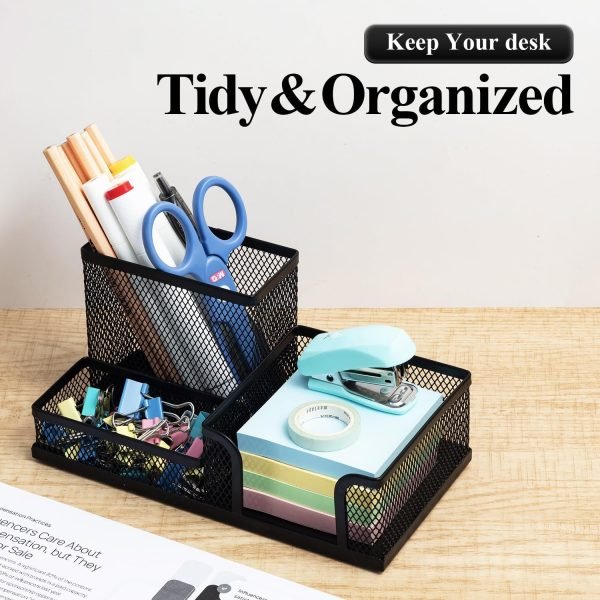 wholesale m&g mesh pen holder desk organizers pencil holder for desk black, 3 compartments metal office supply organizer with sticky notes holder for school home office free samples