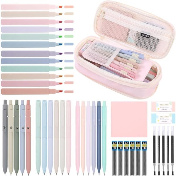 wholesale skydue 44 pcs aesthetic school supplies with cute pencil case, 12 pastel highlighters, 5 quick-dry black gel pens, 6 color gel pens & mechanical pencils for college essentials stationary set pink free samples