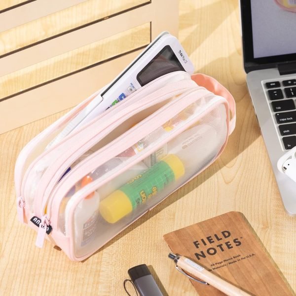 wholesale angoobaby large grid mesh pencil case 2 compartment pen bag clear handheld multifunction pencil pouch transparent makeup bag for teen student college business travel office adult - pink free samples