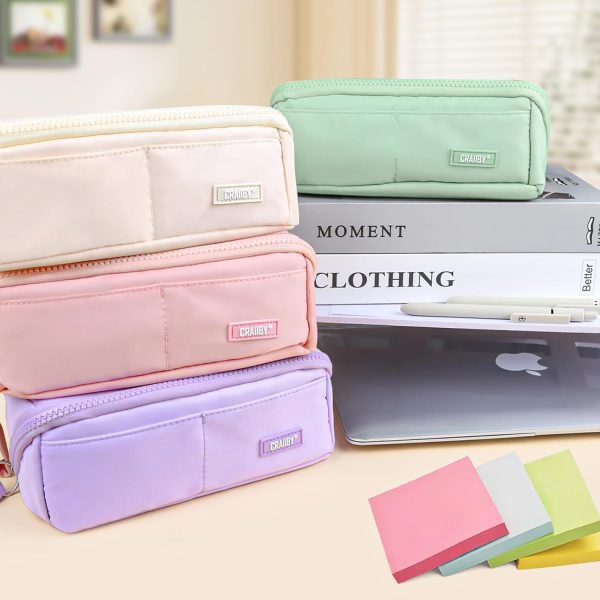 wholesale pencil case with supplies, purple pencil pouch bag with assorted colors highlighters gel pens sticky notes tabs, aesthetic stationery set for school classroom free samples