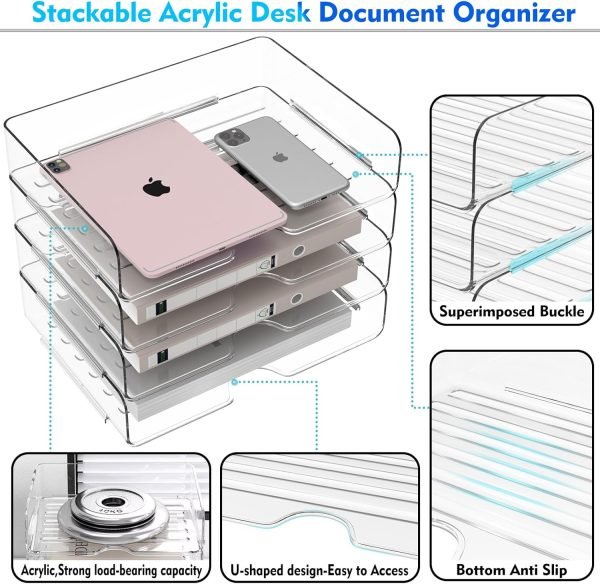 wholesale paper organizer letter tray, 4 pack acrylic stackable desk file organizer,clear file organizer for desk, office organizer for file paper, ipad, letter, a4 office file, books, notes, paper folder free samples