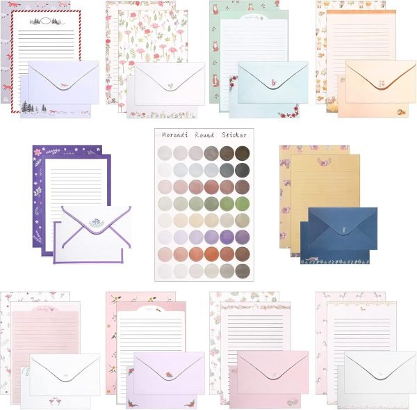 wholesale 90 pieces stationery paper envelopes set includes 60 lined writing stationery paper for writing letters and 30 envelopes with 48 colorful round dot stickers(cute style) free samples