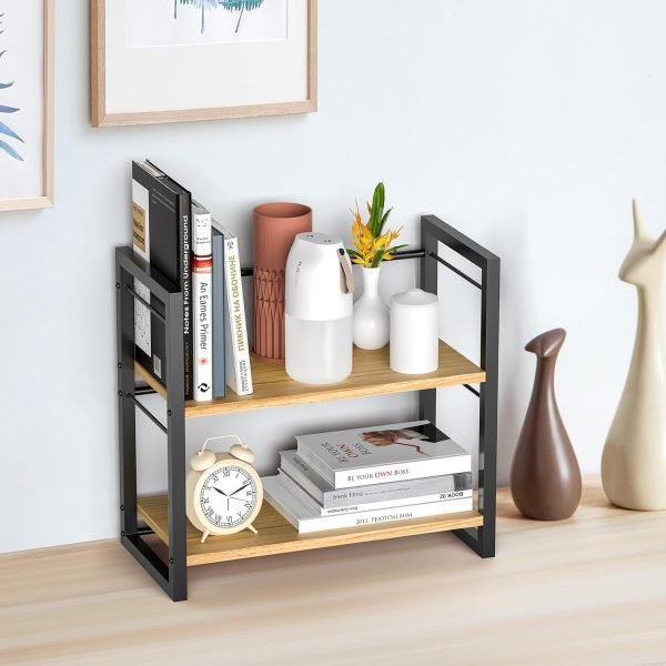 wholesale office desk shelf organizer, wood desktop bookshelf supplies storage rack, shelf for top of desk and dresser (black-2 tier) free samples