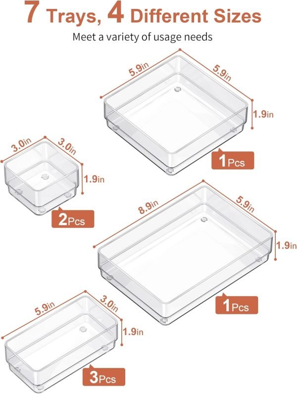 wholesale smartake 7-piece drawer organizer with non-slip silicone pads, 4-size desk drawer organizer trays storage tray for makeup, jewelries, utensils in bedroom dresser, office and kitchen (clear) free samples