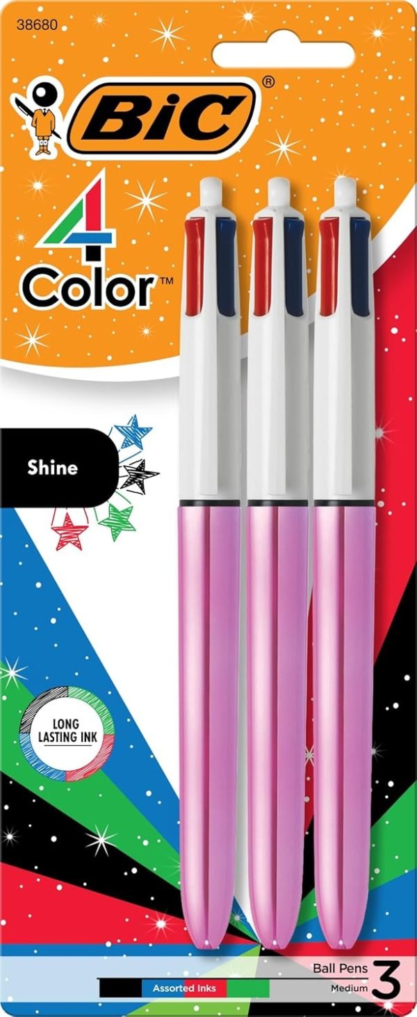 wholesale bic 4-color shine retractable ball pens, fun pink metallic barrel, medium point (1.0mm), 3-count pack, retractable ball pen with long-lasting ink free samples