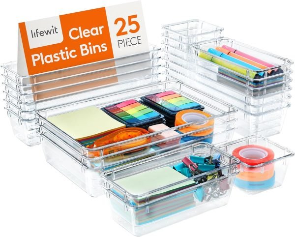 wholesale lifewit drawer organizer 25pcs, 4 sizes clear plastic desk drawer dividers, storage separation bins for make up, kitchen utensils, vanity accessories in office/bathroom/bedroom organization free samples