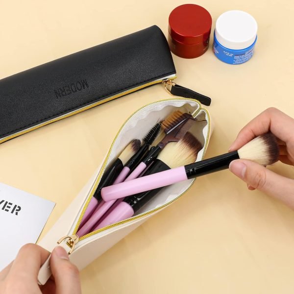 wholesale vin beauty 2 pcs leather pencil pouch, slim design small pencil pouch pencil bag zipper pencil case bag stationery pouch bag for pens, pencils, markers(black&beige) free samples