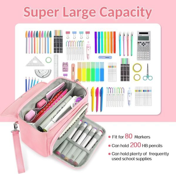 wholesale sooez super large pencil case, big capacity pencil bag with 3 compartments, hold 200 pencils, cute pencil pouch with zipper, portable stationery pen bag, aesthetic school supplies for girls, pink free samples