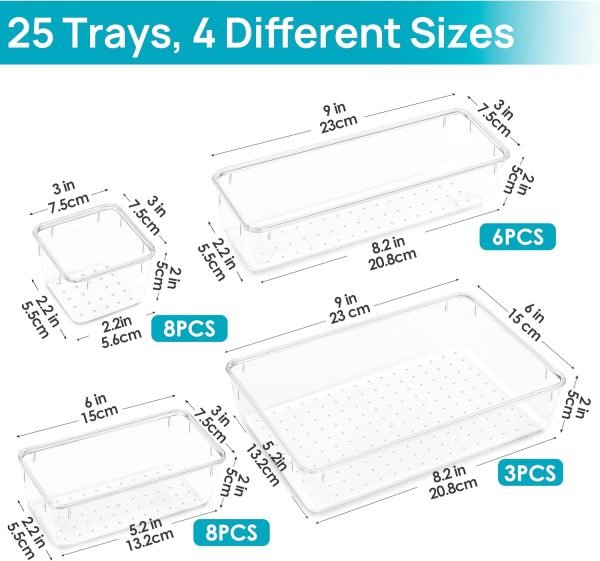 wholesale vtopmart 25 pcs clear plastic drawer organizers set, 4-size versatile bathroom and vanity drawer organizer trays, storage bins for makeup, bedroom, kitchen gadgets utensils and office free samples