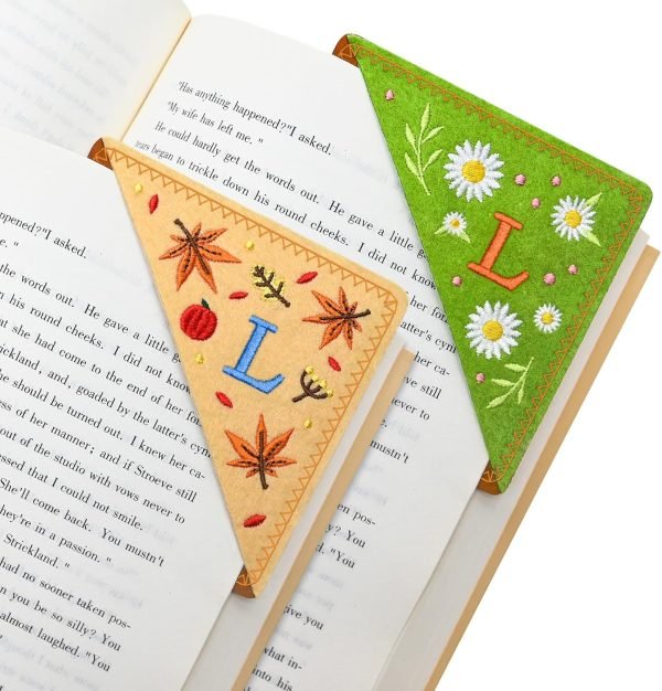 wholesale 2 pcs personalized letter bookmarks, cute & fun book accessories for reading lovers, hand embroidered leather page markers for women girls students teachers retirement birthday gifts (spring&fall, l) free samples