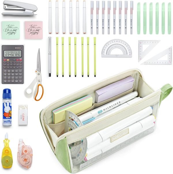 wholesale yokuma clear aesthetic pencil case pouch for girls cute kawaii mark pen case organizer large capacity for kids teen college students adults,small makeup bag,back to school supplies (green) free samples