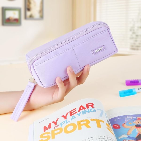 wholesale pencil case with supplies, purple pencil pouch bag with assorted colors highlighters gel pens sticky notes tabs, aesthetic stationery set for school classroom free samples