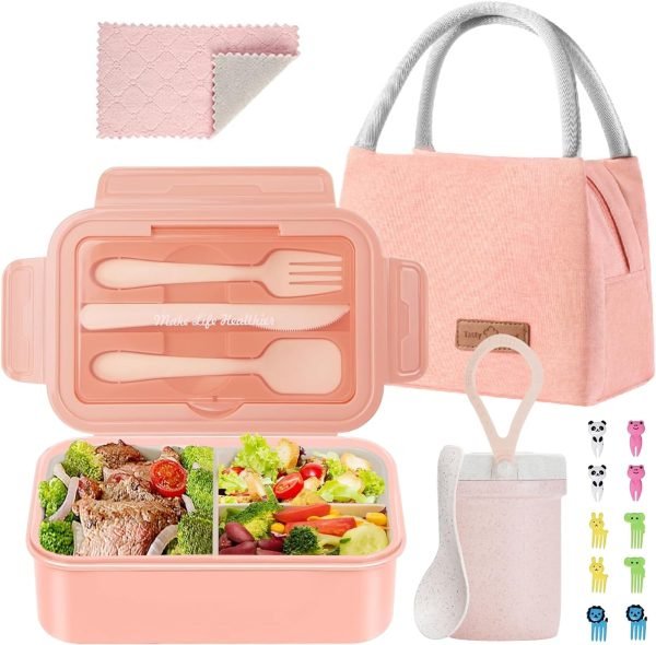 wholesale bento lunch box for kids, bento box adults lunch box leak-proof for kids toddler teens school, lunch box containers durable with lunch bag, cup, spoon, forks, dishcloth (pink set)  with your logo & design