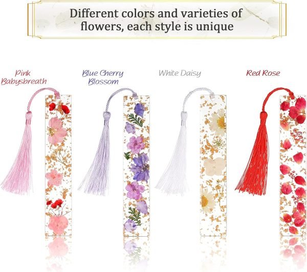 wholesale clabby 4 pieces dried flower resin bookmarks handmade transparent floral dried flower page marker with colorful silky tassel for christmas gift teacher women students(plain style) free samples