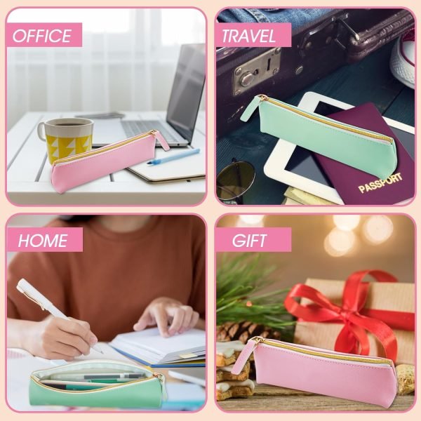 wholesale tiesome leather pen pencil case, 2pcs cute slim pen bag small pencil pouch lovely stationery bag portable cosmetic bag zipper bag for pen pencils markers(green+pink) free samples