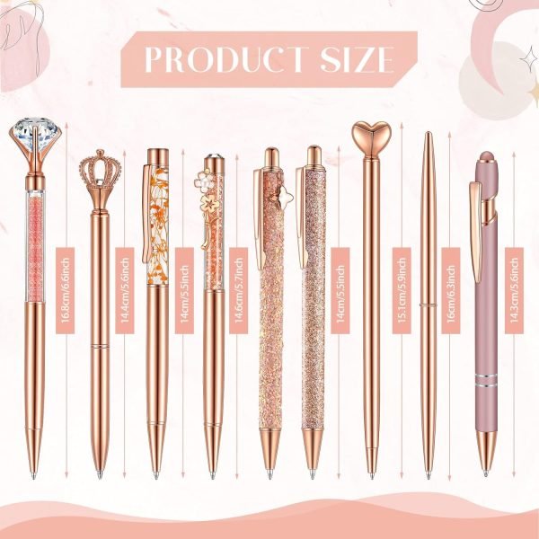 wholesale janmini 9 pcs rose gold ballpoint pens set with metal crystal diamond design for women - fancy pens for journaling, writing, gifts free samples