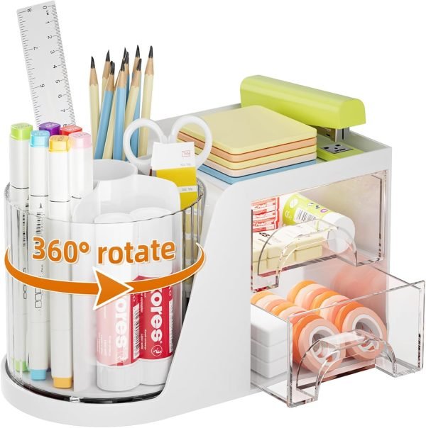 wholesale marbrasse desk organizer with 2 drawer, 360°rotating pen holder for desk, desk organizers and accessories with 6 slots pencil organizer + 2 drawer, art supply storage box caddy for office (white) free samples