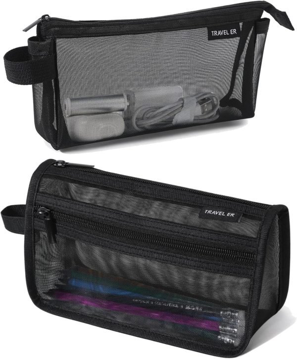 wholesale 2-pack grid mesh pencil case with handle and zipper, double layer clear large capacity pencil pouch, travel makeup bag and small toiletry bag for purse, college essentials school supplies (black) free samples