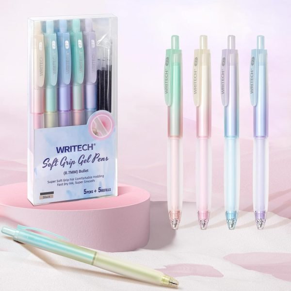 wholesale writech retractable gel ink pens: 0.7mm black-ink aesthetic gradient color barrel soft grip medium point pen 5ct with 5 refills for journaling smooth writing quick-dry no bleed free samples