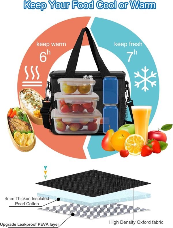 wholesale femuar reusable lunch box for men/women - insulated lunch bag leakproof lunchbox for work office picnic beach - freezable lunch cooler bag with adjustable shoulder strap - black  with your logo & design