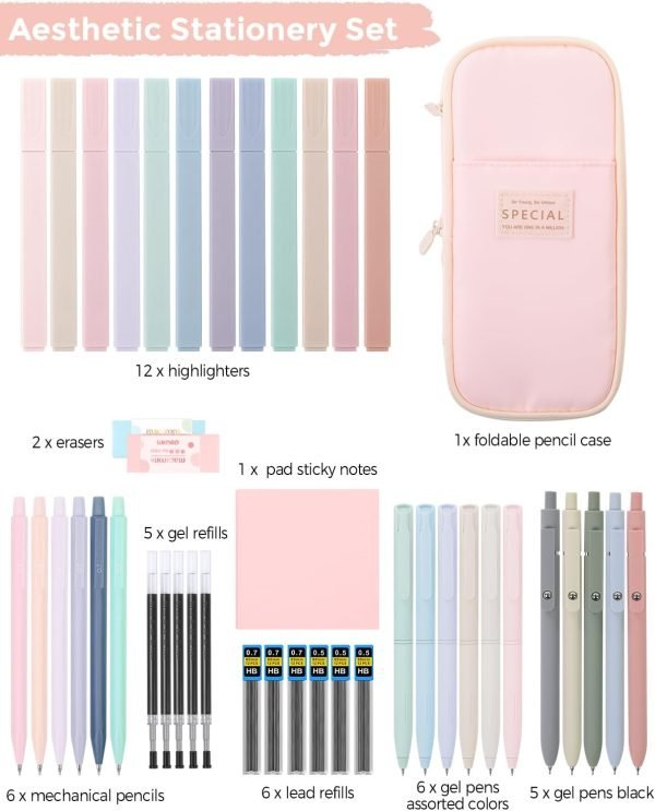 wholesale skydue 44 pcs aesthetic school supplies with cute pencil case, 12 pastel highlighters, 5 quick-dry black gel pens, 6 color gel pens & mechanical pencils for college essentials stationary set pink free samples