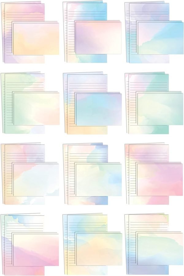 wholesale better office products mini stationery set, 100 piece set (50 lined watercolor sheets + 50 matching envelopes), 5.5 x 8.25 inch, 12 unique designs, double sided printing, one side lined paper, free samples