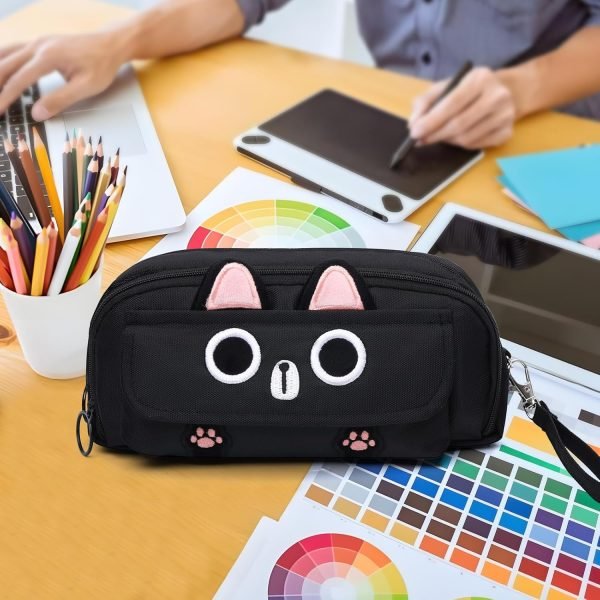 wholesale pencil case, large capacity pencil pouch aesthetic,3d cat pen bags,office stationery organizer,cute pencil box for teens girls boys student (black) free samples