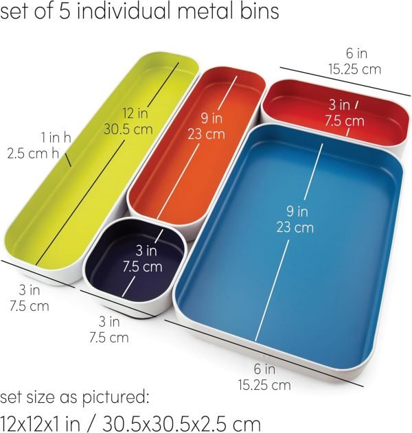 wholesale three by three seattle 5 piece shallow metal organizer tray set for storing makeup, stationery, utensils, and more in office desk, kitchen and bathroom drawers (1 inch, assorted colors) free samples