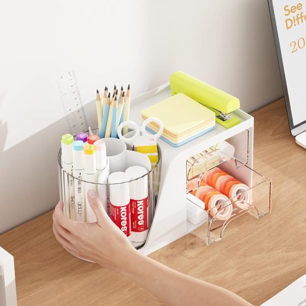 wholesale marbrasse desk organizer with 2 drawer, 360°rotating pen holder for desk, desk organizers and accessories with 6 slots pencil organizer + 2 drawer, art supply storage box caddy for office (white) free samples