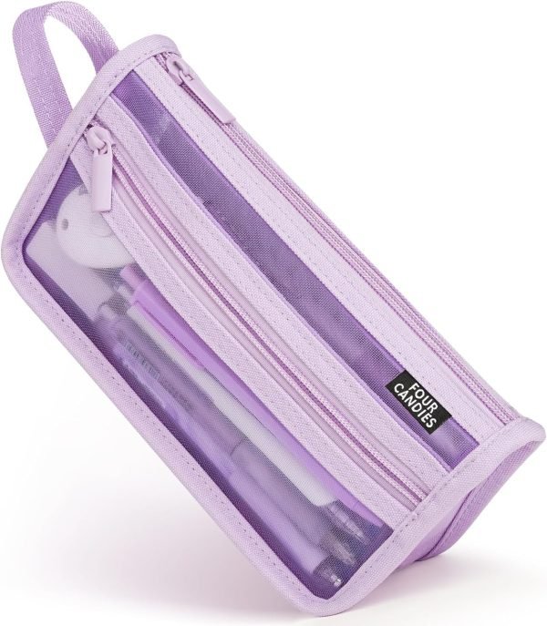 wholesale four candies grid mesh pencil case with handle and zipper, clear double-layer pencil pouch marker pouch, travel makeup bag, cute transparent stationary organizer pen bag for adult office college free samples