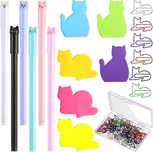 wholesale 42 pcs stationery set 6 color cute sticky notes 30 pcs paper clips and 6 pcs cute pen lover gifts lovely office desk accessories for work school office supplies(cute cat) free samples