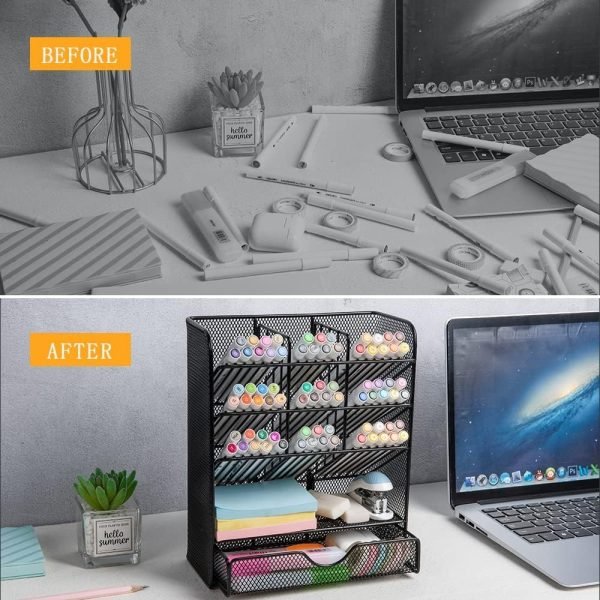 wholesale spacrea metal pen organizer, pencil holder for desk, desk organizer with drawer for school, home, art supplies (black) free samples