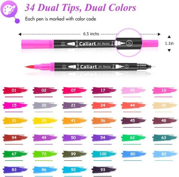 wholesale caliart 34 double tip brush pens art markers, aesthetic cute preppy stuff school supplies, artist fine & brush pen coloring markers for kids adult book cards drawing craft kit teacher office supplies free samples