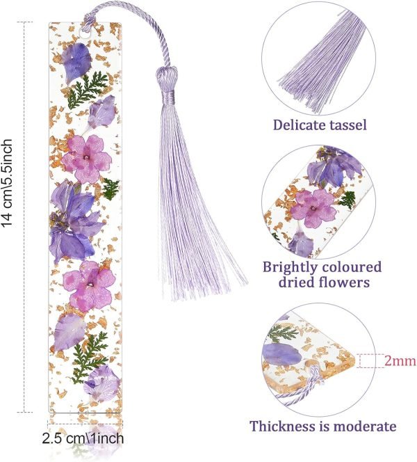 wholesale clabby 4 pieces dried flower resin bookmarks handmade transparent floral dried flower page marker with colorful silky tassel for christmas gift teacher women students(plain style) free samples