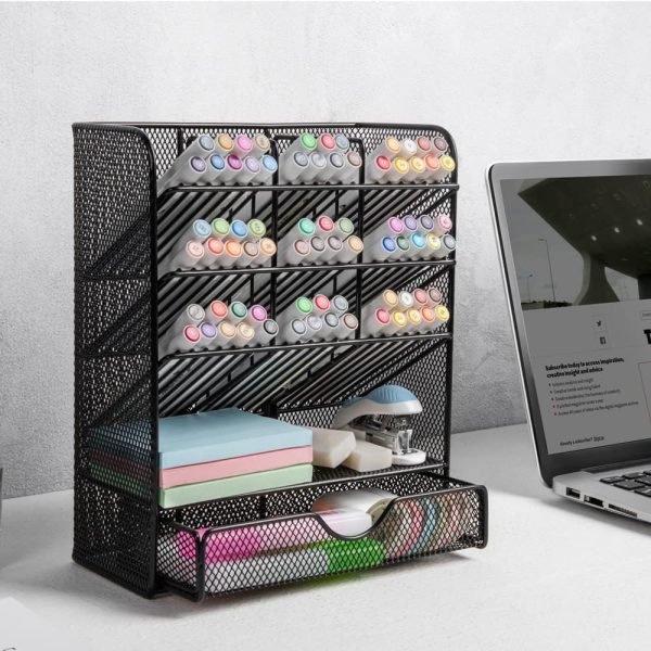 wholesale spacrea metal pen organizer, pencil holder for desk, desk organizer with drawer for school, home, art supplies (black) free samples