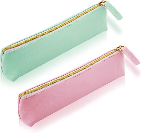 wholesale tiesome leather pen pencil case, 2pcs cute slim pen bag small pencil pouch lovely stationery bag portable cosmetic bag zipper bag for pen pencils markers(green+pink) free samples