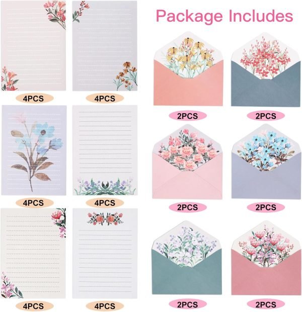 wholesale 36 pcs writing paper and envelopes set,warm floral themed stationary set for wedding invitations wishes,24 lined stationery paper with 12 envelops free samples