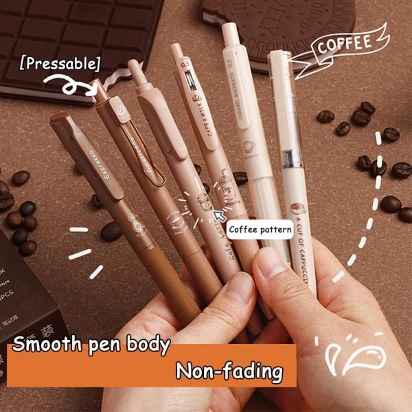 wholesale cute coffee pens 5pcs gel ink pens retractable pens and 1pcs highlighter 0.5mm fine point black ink kawaii smooth writing pens for school office supplies aesthetic supplies pens free samples