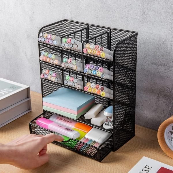 wholesale spacrea metal pen organizer, pencil holder for desk, desk organizer with drawer for school, home, art supplies (black) free samples