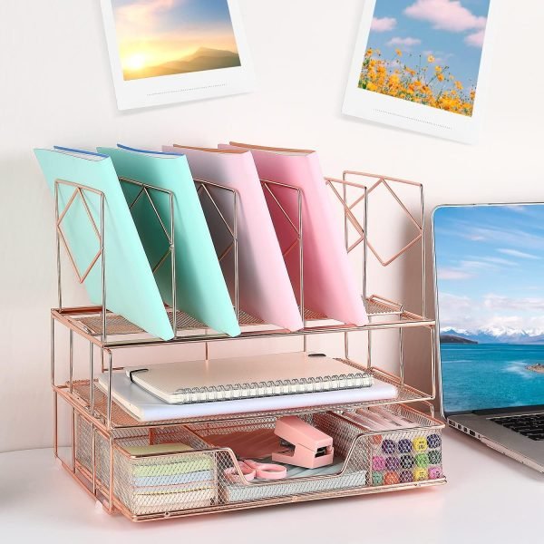 wholesale gianotter desk organizers and accessories, office supplies desk organizer with sliding drawer, double tray and 5 upright section ​file sorter organizer (rose gold) free samples