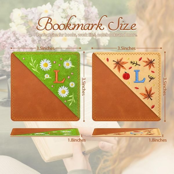 wholesale 2 pcs personalized letter bookmarks, cute & fun book accessories for reading lovers, hand embroidered leather page markers for women girls students teachers retirement birthday gifts (spring&fall, l) free samples