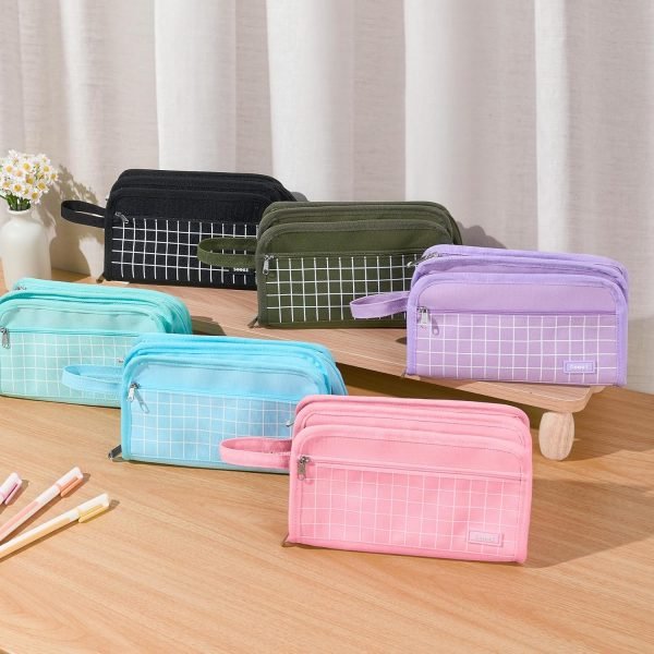 wholesale sooez large pencil case, big capacity pencil pouch pen bag with 3 compartment, portable canvas stationery organizer with zipper, cute aesthetic school supplies for teen girls boy college, purple free samples