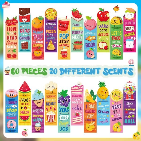 wholesale 60 pcs scented bookmarks scratch and sniff bookmarks fruit food theme bookmarks for kids assorted scented bookmarks cute bookmarks for students, teens, food lovers, 20 styles free samples