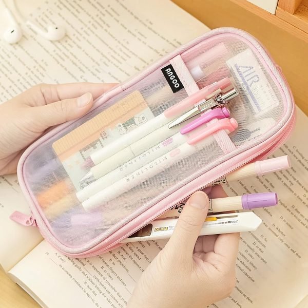 wholesale easthill grid mesh pen pencil case with zipper clear makeup color pouch cosmetics bag multi-purpose travel school teen girls and boys transparent stationary bag office organizer box for adluts(pink) free samples