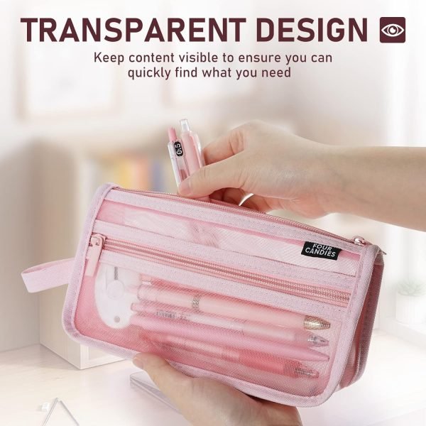 wholesale four candies grid mesh pencil case with handle and zipper, clear double-layer pencil pouch marker pouch, travel makeup bag, cute transparent stationary organizer pen bag for adult office college free samples