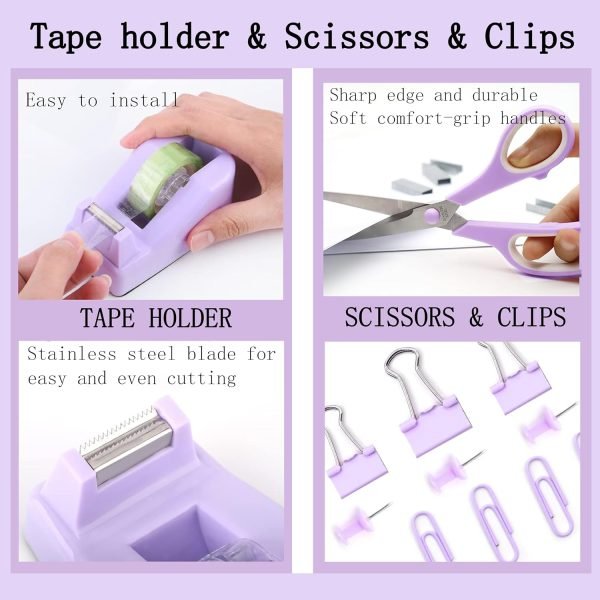 wholesale purple office desk accessories supplies, 12pcs desk organizers and accessories with tape dispenser and stapler,staples,staple remover,pen holder,scissor,ruler,sticky tabs,tape,ballpoint pen,clips set free samples