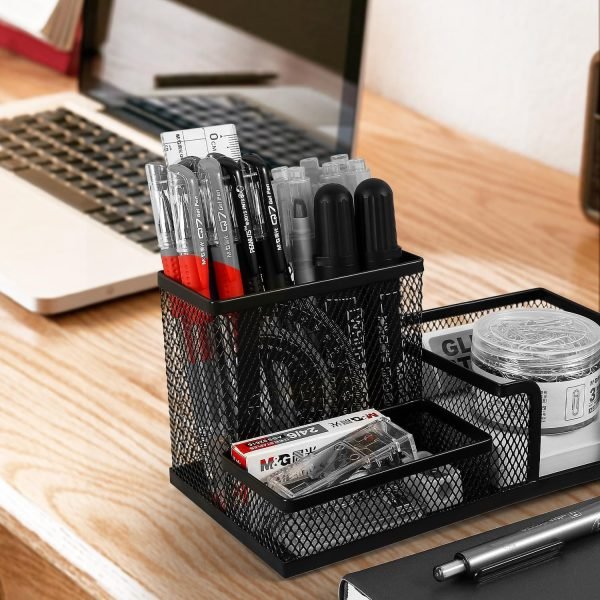 wholesale m&g mesh pen holder desk organizers pencil holder for desk black, 3 compartments metal office supply organizer with sticky notes holder for school home office free samples